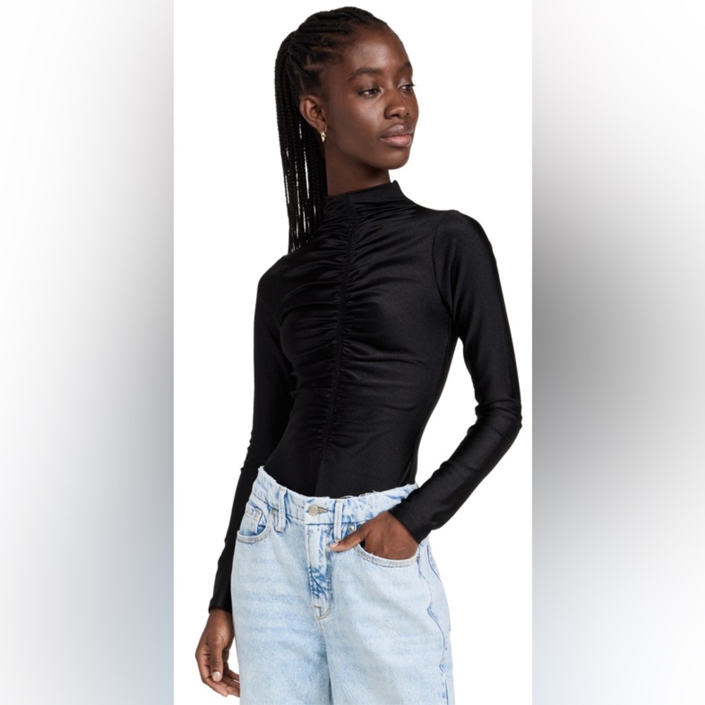Good American Black Disco Ruched Bodysuit XS Size 0 Shiny Mock Neck